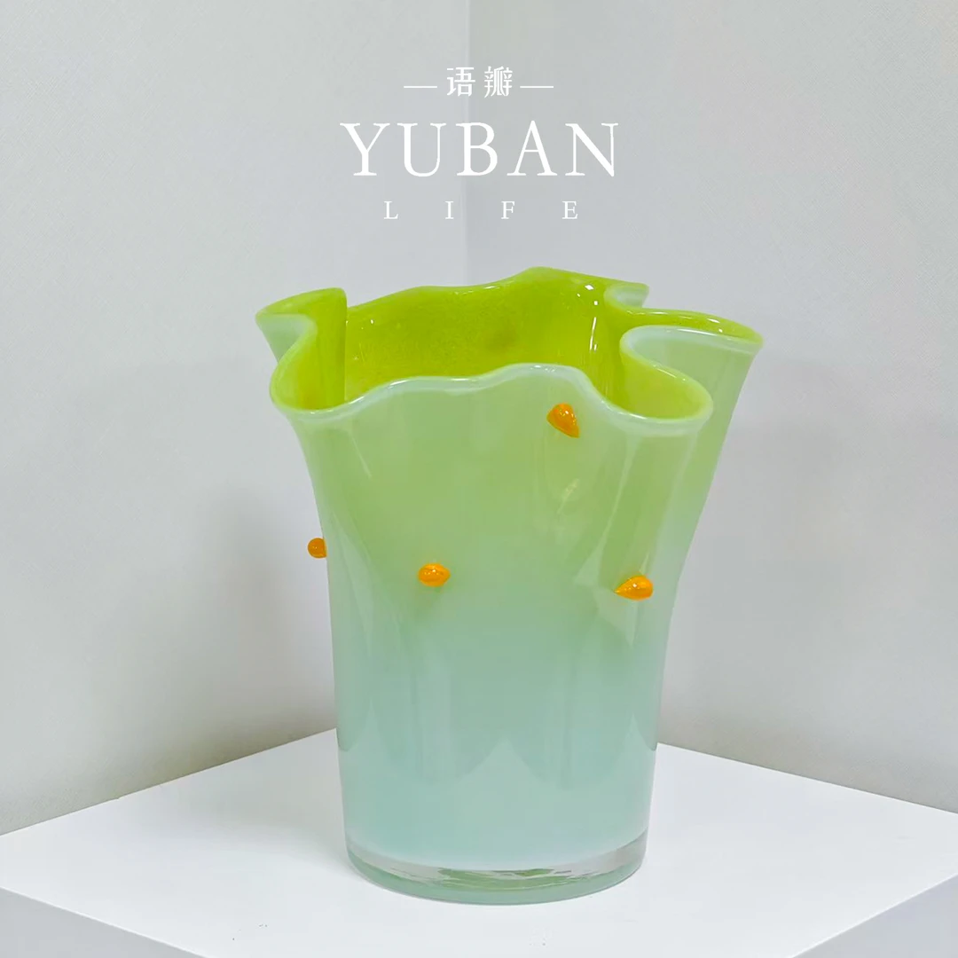 青柠创意花瓶北欧手工波浪卷边白菜琉璃花器果盘摆件高级感花瓶