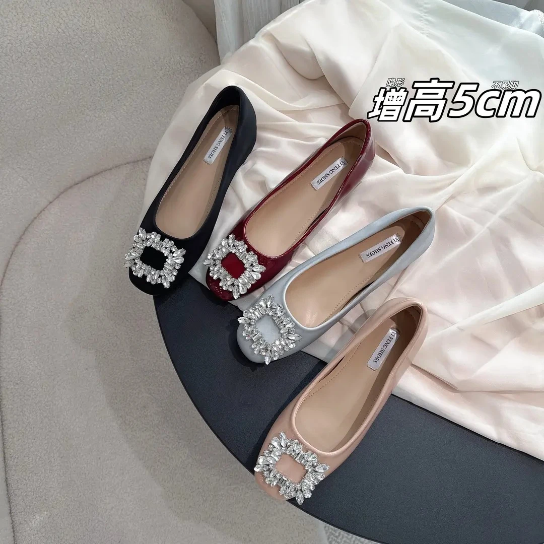 羊皮版～方头内增高水钻方扣低跟通勤单鞋女百搭优雅风软底平底鞋