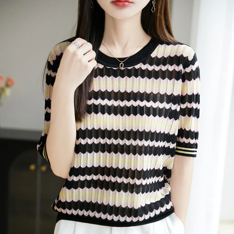 25年夏季新款天丝莱赛尔圆领针织衫五分袖T恤波浪纹条纹镂空上衣