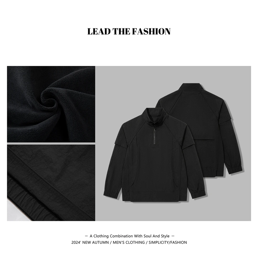 立领半拉链加绒加厚卫衣男秋冬休闲百搭夹克潮牌时尚美式外套