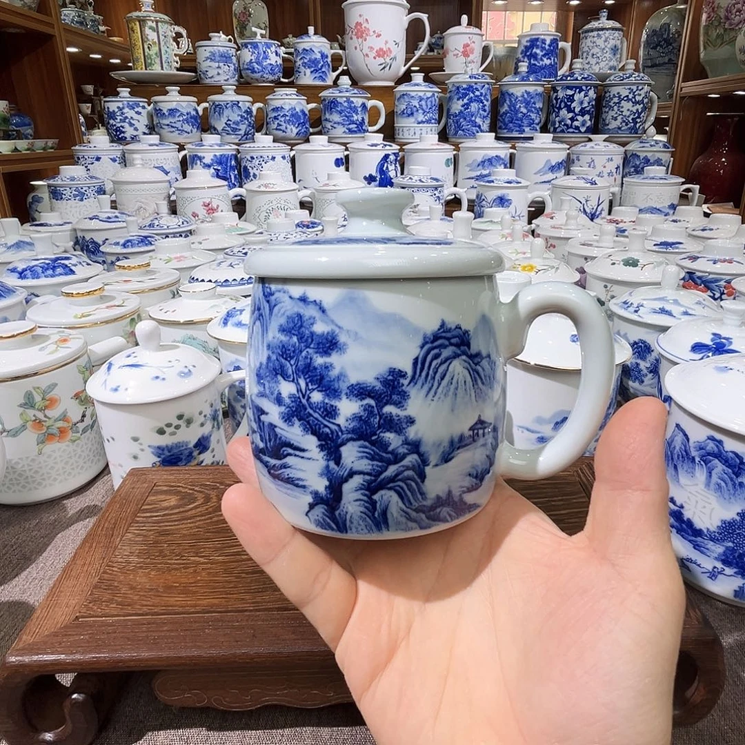 小***小陶瓷盖子款手工手绘山水单杯