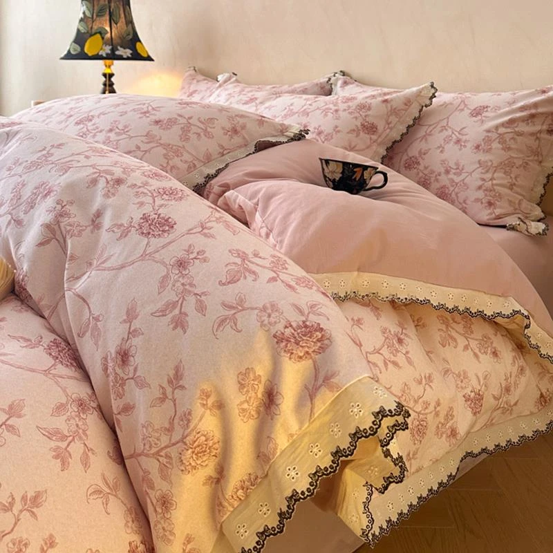 A类加厚纯棉磨毛床上四件套100全棉床品花边被套宿舍床单人三件套