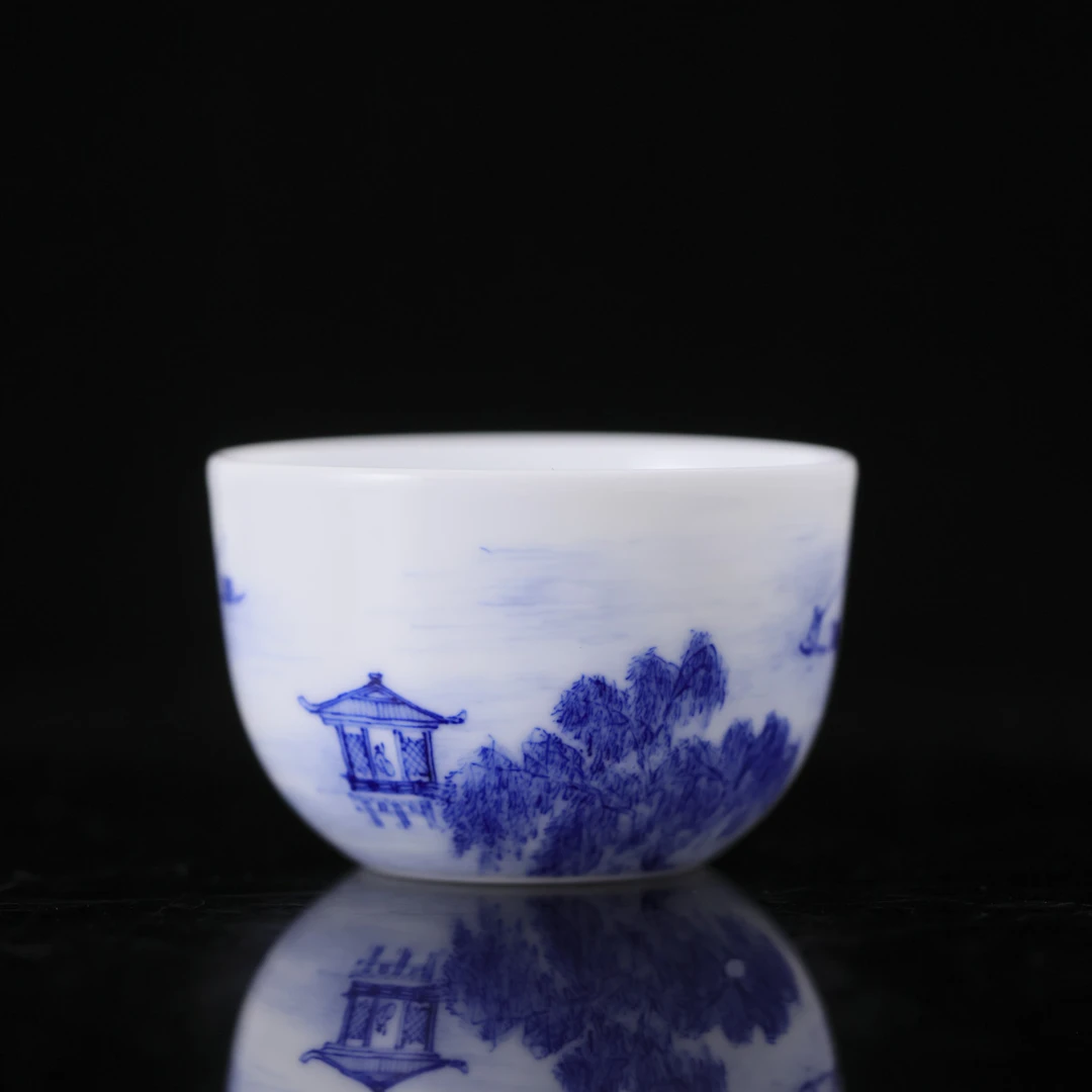 九段烧-妙手青花山水小鸡缸杯-陶瓷主人杯手绘有差异直播间为准