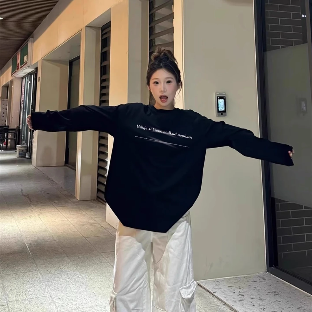 纯棉长袖t恤女2025新款春秋冬美式设计感黑色上衣宽松内搭打底衫