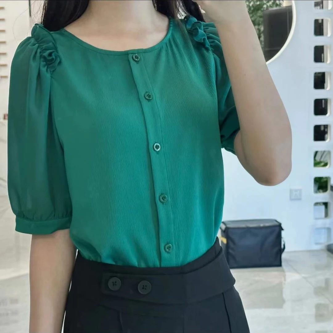 2025泡泡袖衬衫女春夏新款短袖时尚气质衬衣百搭显瘦上衣8915长58