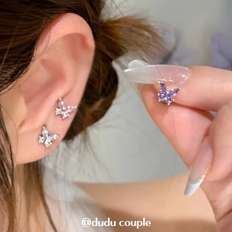 合金耳饰 闪锆蝴蝶钛合金耳钉养耳洞1.2粗内螺旋免摘耳蜗耳骨钉女