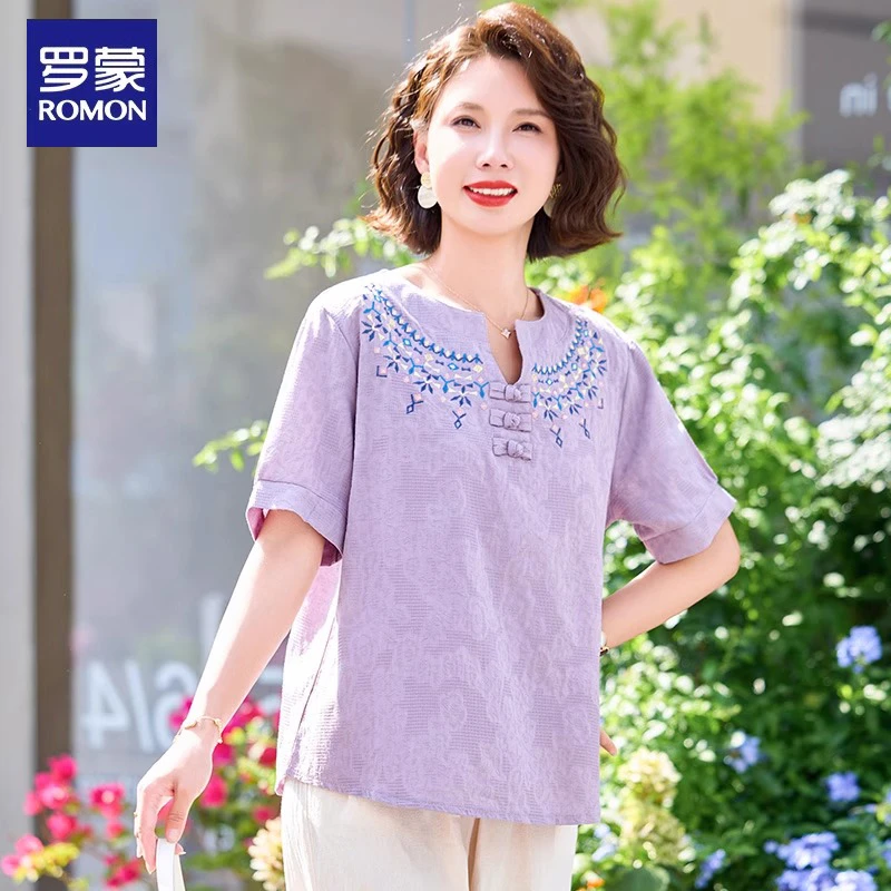 罗蒙新中式妈妈夏装套装女2025新款中老年夏季短袖t恤上衣两件套