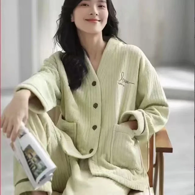 V领冬款家居服保暖睡衣