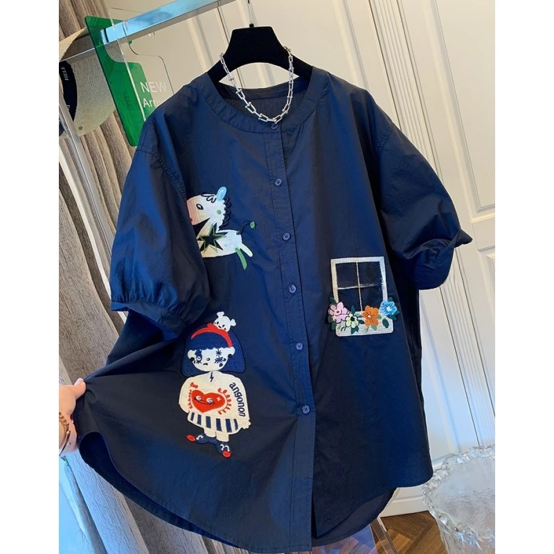 独特超好看设计感刺绣短袖衬衫宽松时尚大版上衣女装2025夏季新款