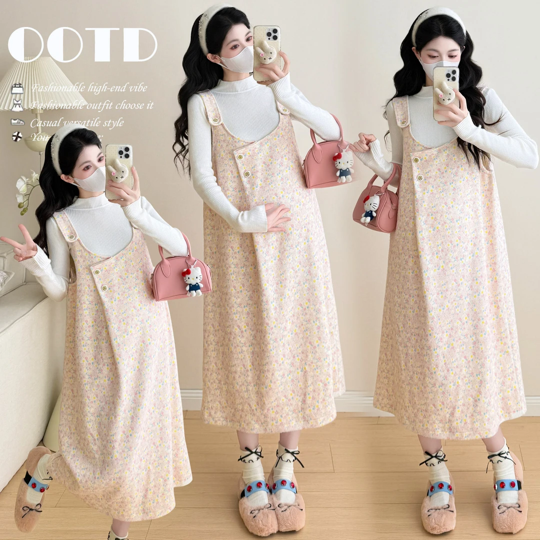 2025新款冬季高级感时髦穿搭孕妇装毛呢背带连衣裙两件碎花春秋