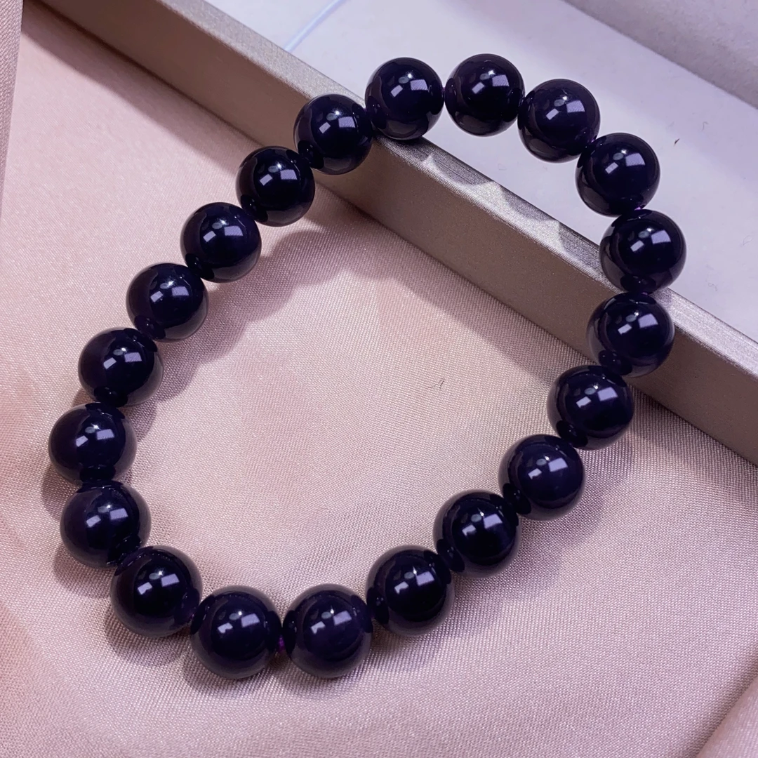 天然和田玉青海料烟紫浓紫帝王紫圆珠约10mm手链单圈手串@4121003