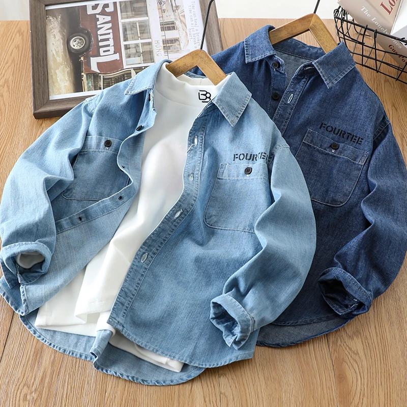 男童牛仔衬衫春秋款儿童春装衬衣外套酷帅中大童2025新款翻领上衣