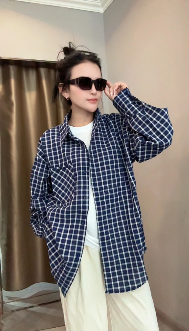 春季新款设计感韩系慵懒宽松百搭配发绳格子衬衫女