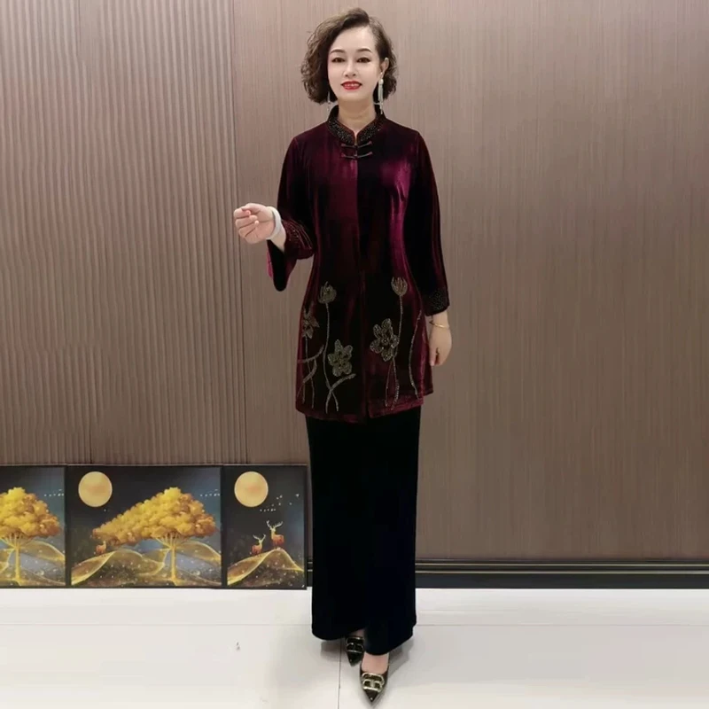 2530复古新中式中老年女装外套春秋装中长款金丝绒风衣宽松大码