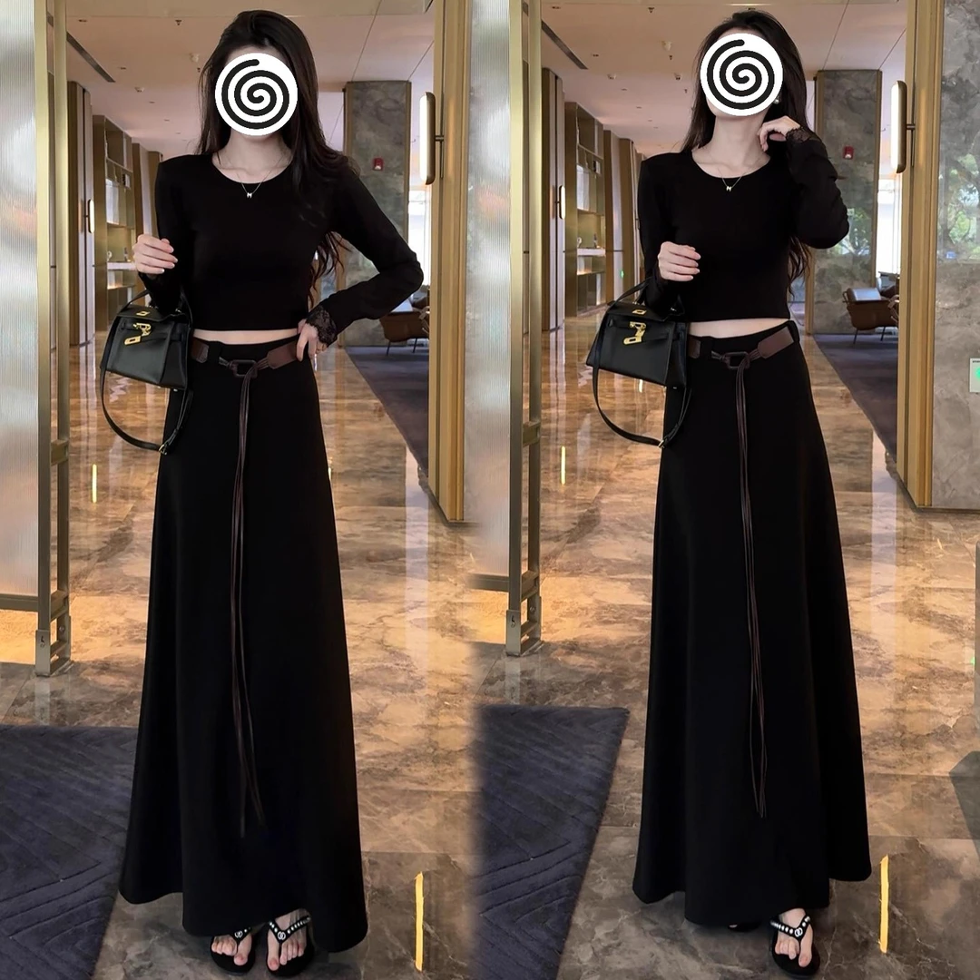 法式小众套装女2025秋新款修身显瘦蕾丝长袖上衣高腰半身裙两件套