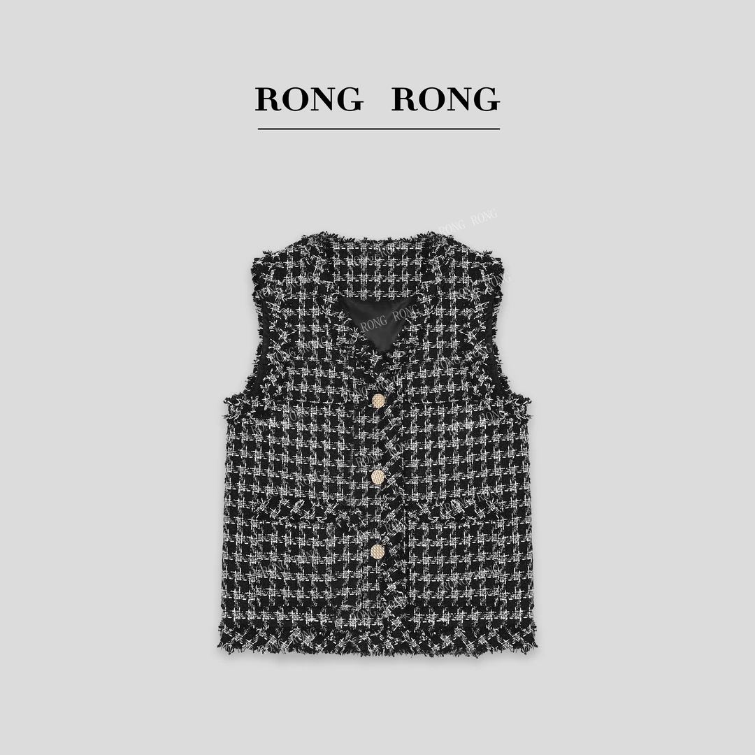 溶溶【巴黎道】RONGRONGV型无领撞色舒适格纹肌理感小香风马甲82501
