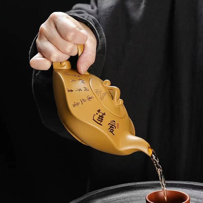 原矿段泥大号陶瓷复古紫砂壶手工泥绘爱莲说大容量功夫茶具