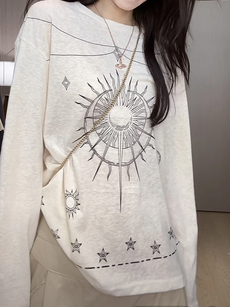 韩版简约印花圆领长袖T恤女早秋季薄款宽松显瘦外搭防晒罩衫上衣