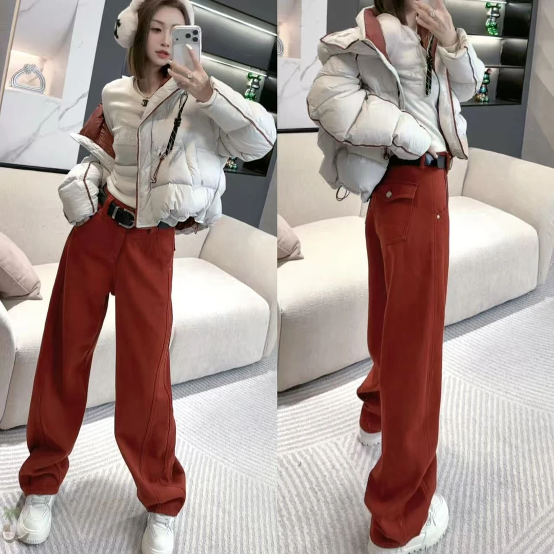 熙薇【红色流年】2025冬季新款时尚百搭加绒休闲牛仔裤H6397