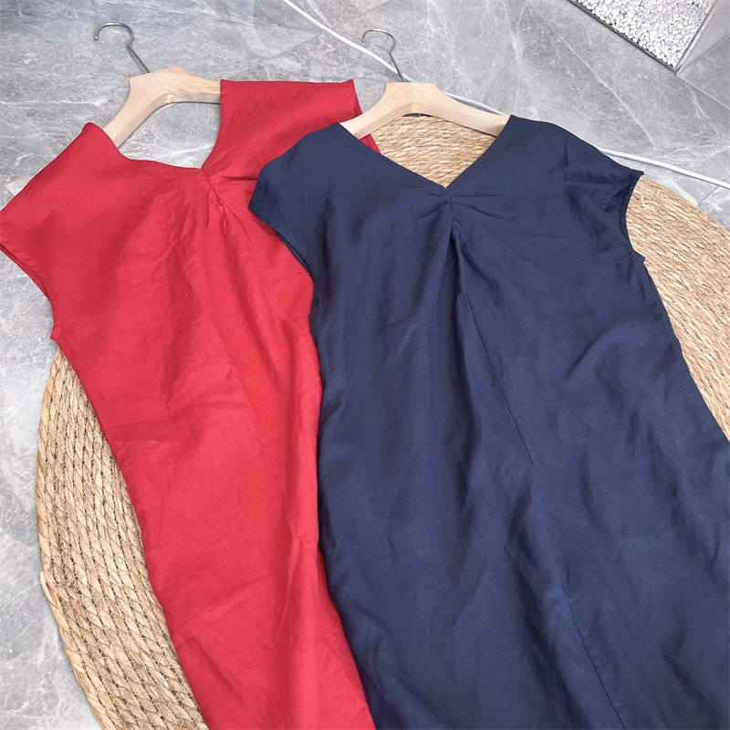 5163~100%亚麻 裙长126-127  法式V领 领口褶皱设计 超显气质