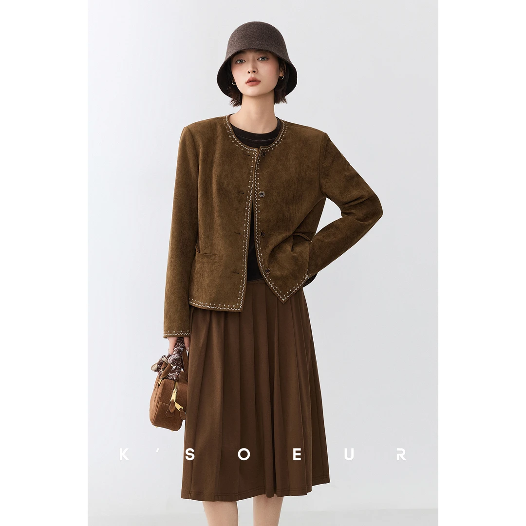 K姐KSOEUR【人见人爱】重工牙齿绣+纯手工编织腰带复古麂皮绒外套