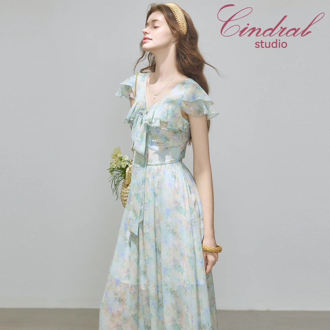 【熙地】夏季V领印花法式碎花网红气质时尚显瘦连衣裙 C85XD0457G