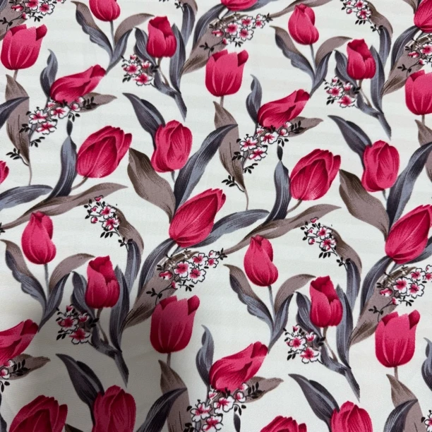 微弹力破卡布料 HPK0196 白底落日郁金香可做夏季连衣裙 寸衣面料