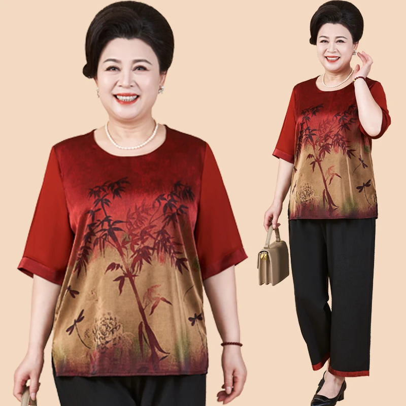 妈妈装夏季套装薄款加肥加大码中老年女装50-60岁阔太太时髦高档