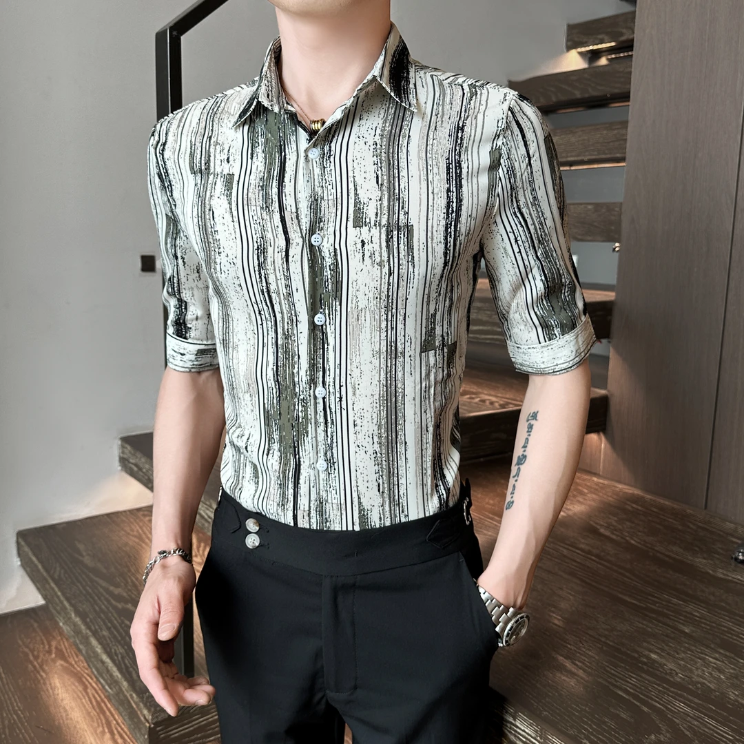 高级感潮流撞色衬衫七分袖2025夏季新款痞帅休闲男士条纹短袖衬衣