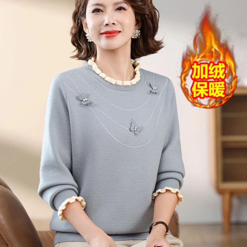 年轻妈妈秋冬装毛衣加绒加厚保暖内搭中老年人女洋气一体绒打底衫