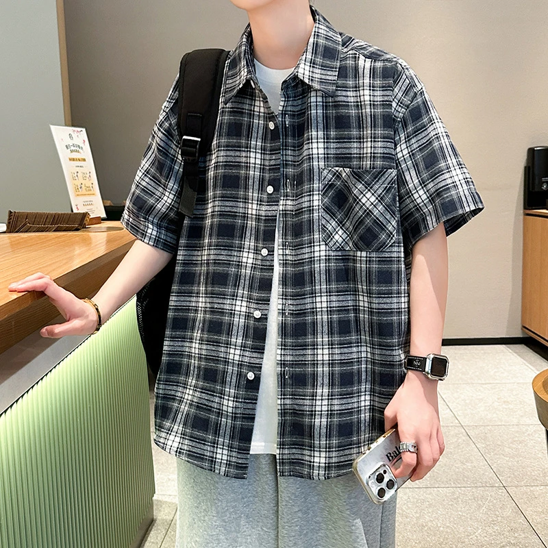 潮流薄款短袖磨毛男士衬衫男衬衣夏季外套格子大码格子衬衫