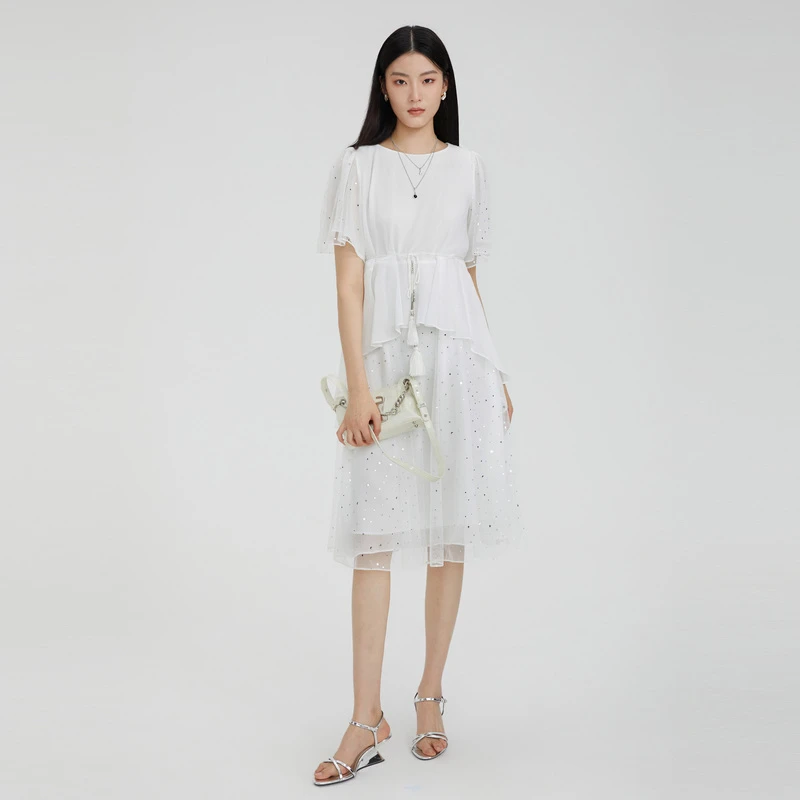 【粉丝专享】圆领优雅简约白色拼接网纱不规则女装连衣裙S232Z1235