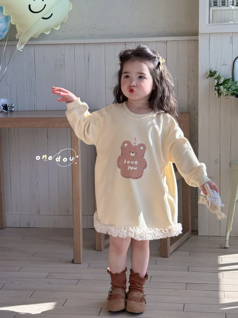 25年one豆春款女童小童宝宝韩版可爱小熊卫衣裙花边连衣裙
