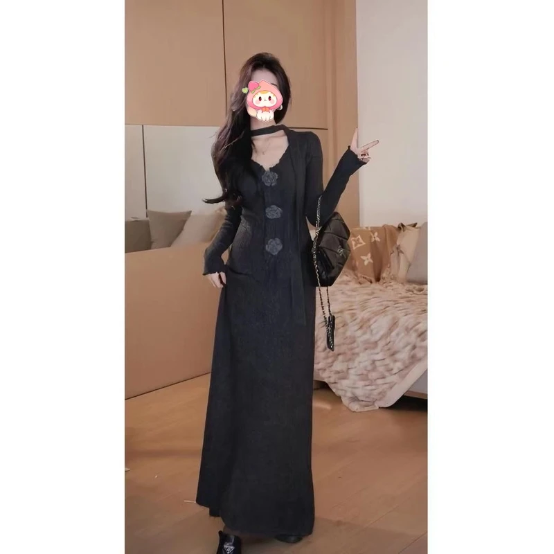 针织时尚套装立体花朵飘带上衣+松紧高腰显瘦半身裙毛衣裙两件套