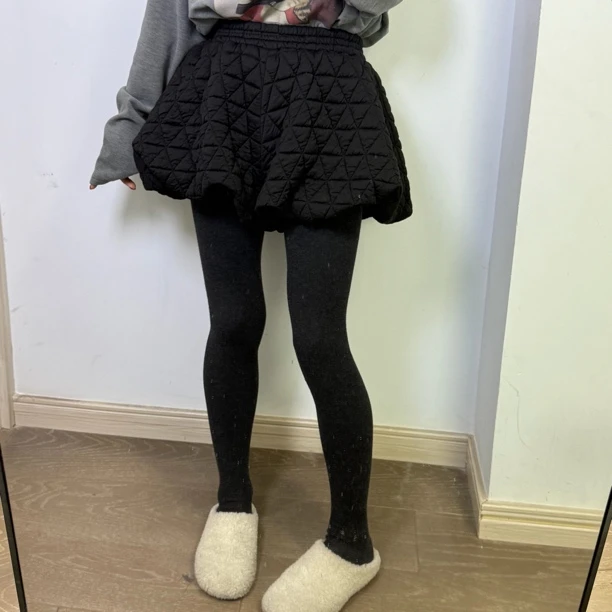 【San W】菱形格夹棉高腰宽松A字加厚保暖休闲短裤女百搭显瘦