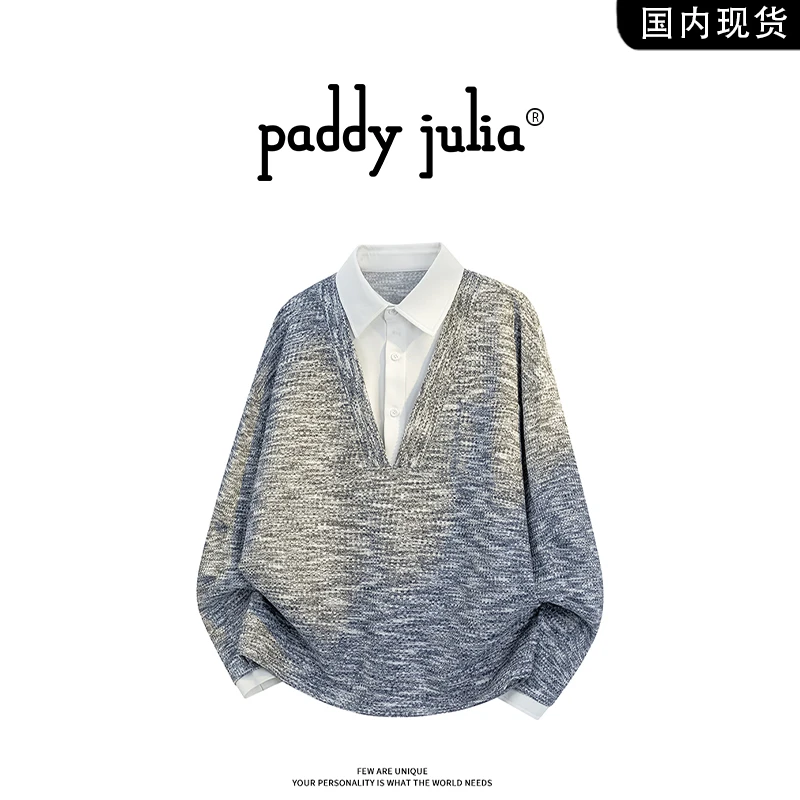 Paddy julia美式高级感假两件卫衣男秋季翻领设计感上衣潮流外套