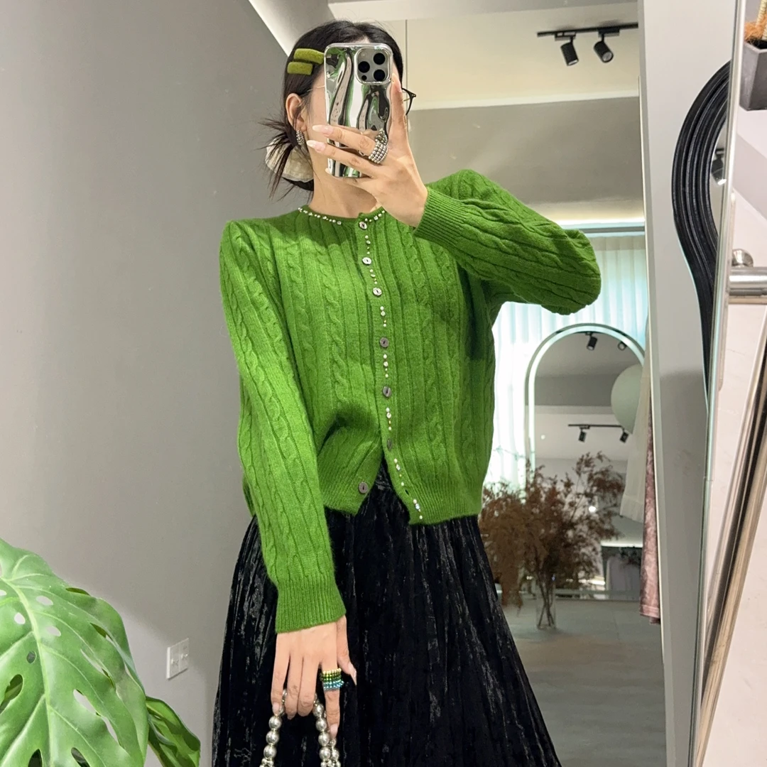 大禾【珍珠钻彩扣】绵羊毛圆领针织开衫女秋冬长袖宽松显瘦气质毛衣