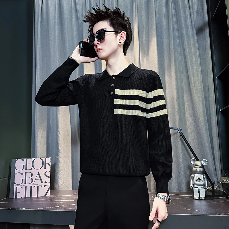 秋冬潮流翻领毛衣男款条纹针织衫上衣新款男士休闲保暖内搭打底衫