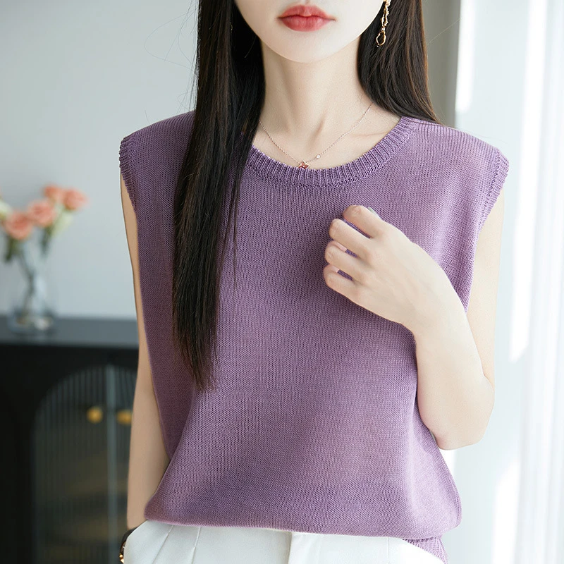 和纸纱针织背心新款2025夏季外穿纯色套头垂感圆领女式无袖针织衫