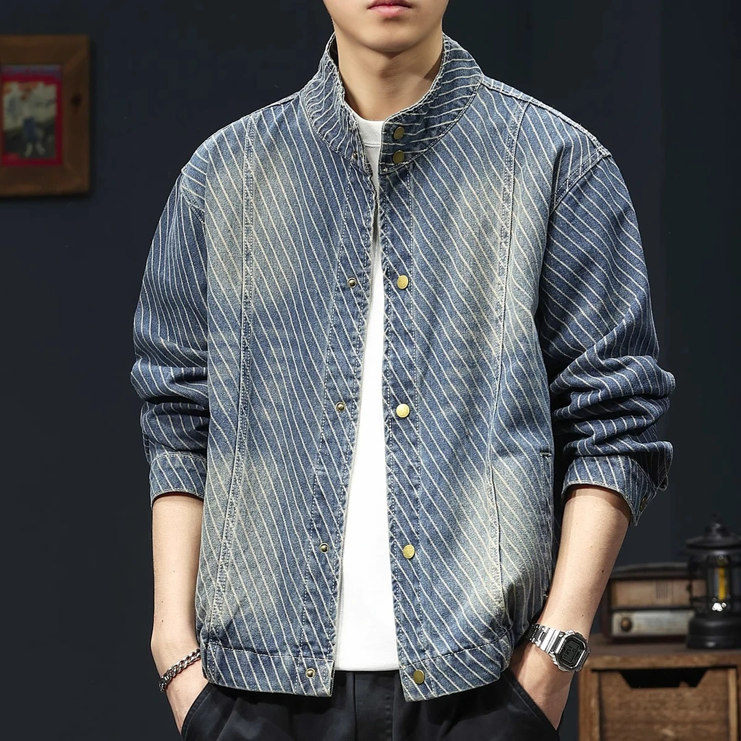 MR.MUDI/穆迪先生高端复古条纹牛仔外套男士2025春秋新款宽松大码