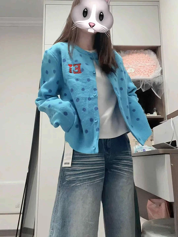 美式复古波点圆领开衫毛衣外套女秋冬季短款软糯慵懒风针织衫上衣