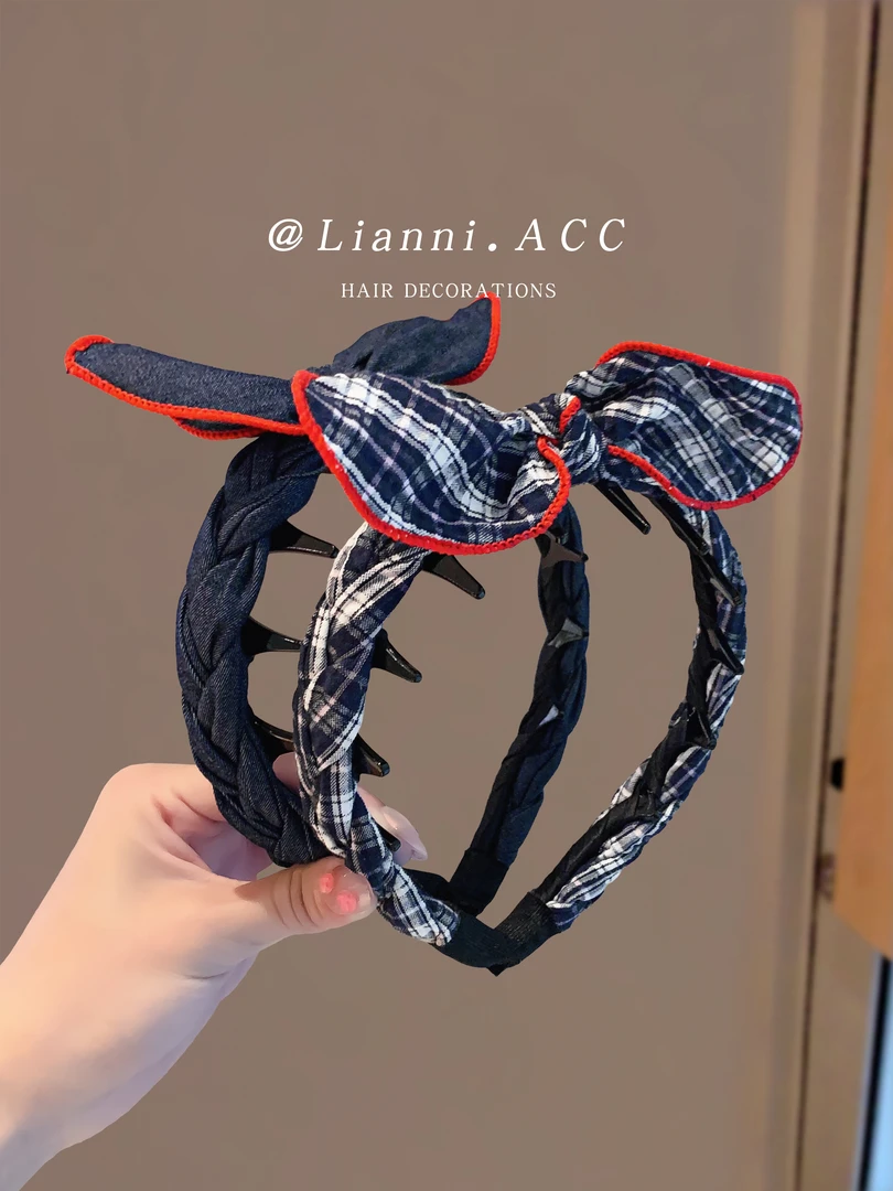 韩国甜美蝴蝶结撞色发箍学院格纹藏青波点牛仔布头箍带齿防滑发饰