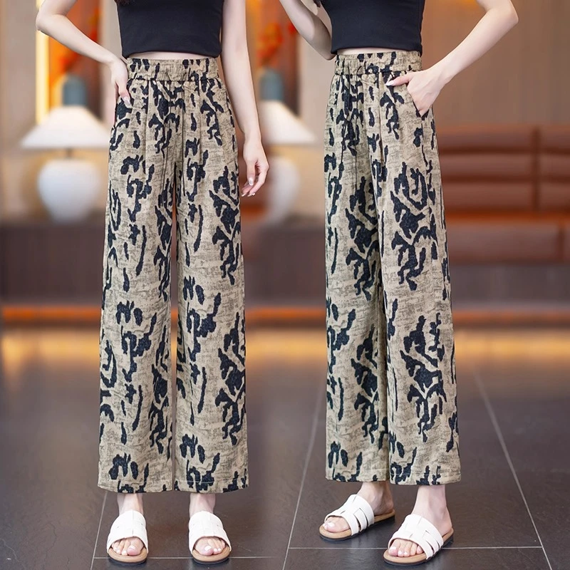 冰丝印花阔腿裤女夏季2025新款松紧腰垂感百搭休闲直筒九分凉凉裤