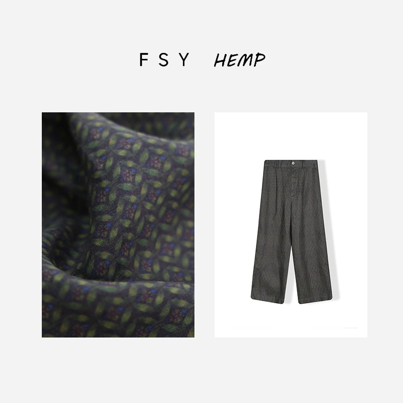 60支纯汉麻奶奶裤四叶印花九分休闲裤女士夏季薄款FSY50499