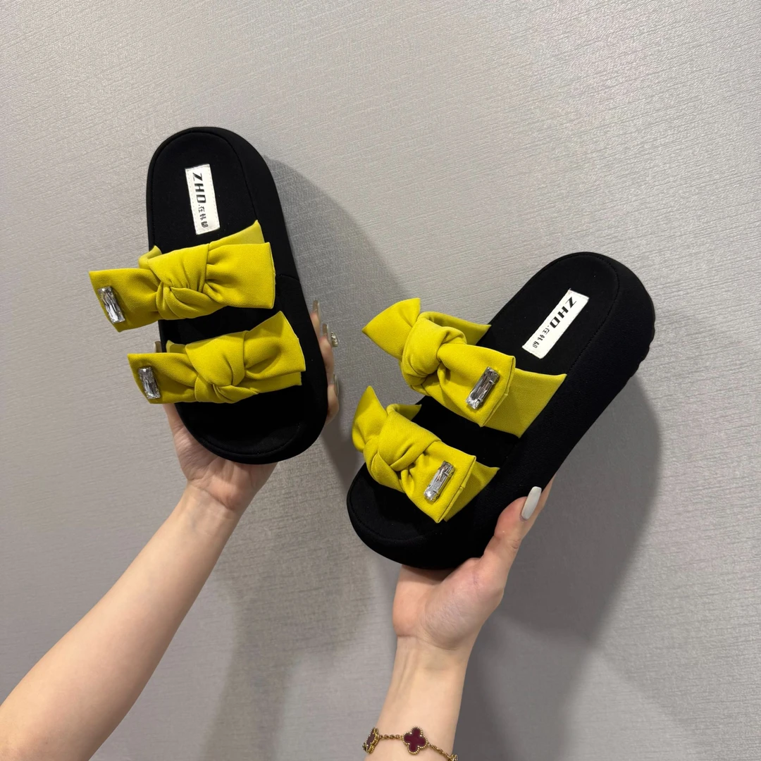 【ZHD】超好看～蝴蝶结拼斜纹布厚底2025夏新款软底百搭凉拖鞋5107
