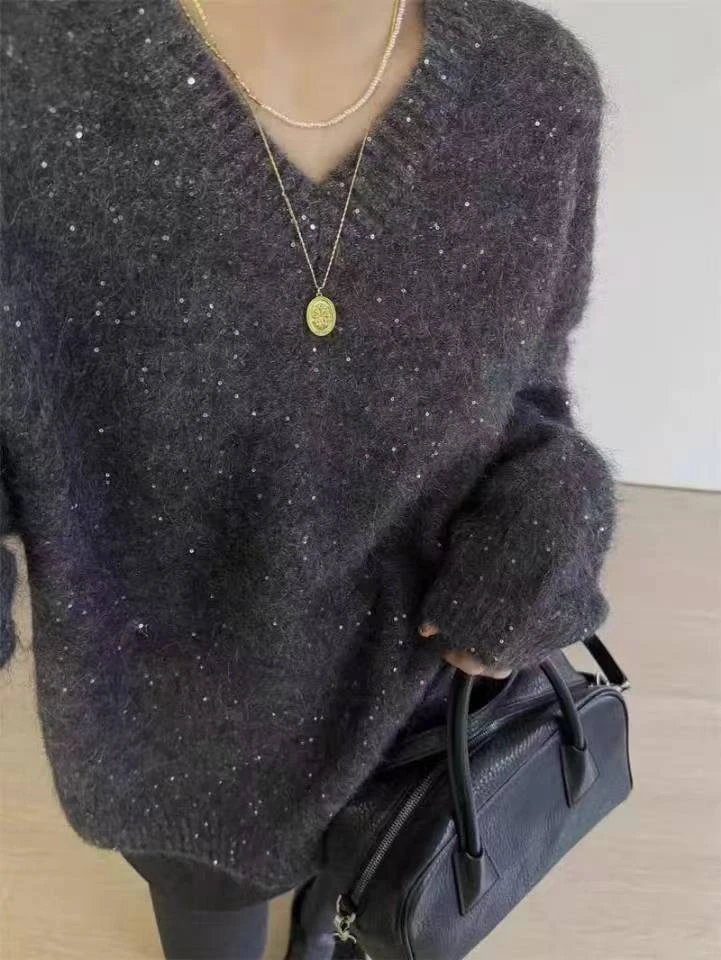 5323芯炫家新款高级感慵懒风亮片针织衫