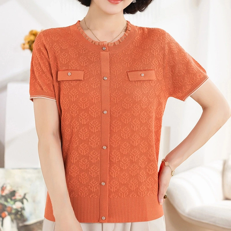 洋气妈妈夏装短袖圆领T恤薄款宽松大码上衣气质中老年女洋气汗衫