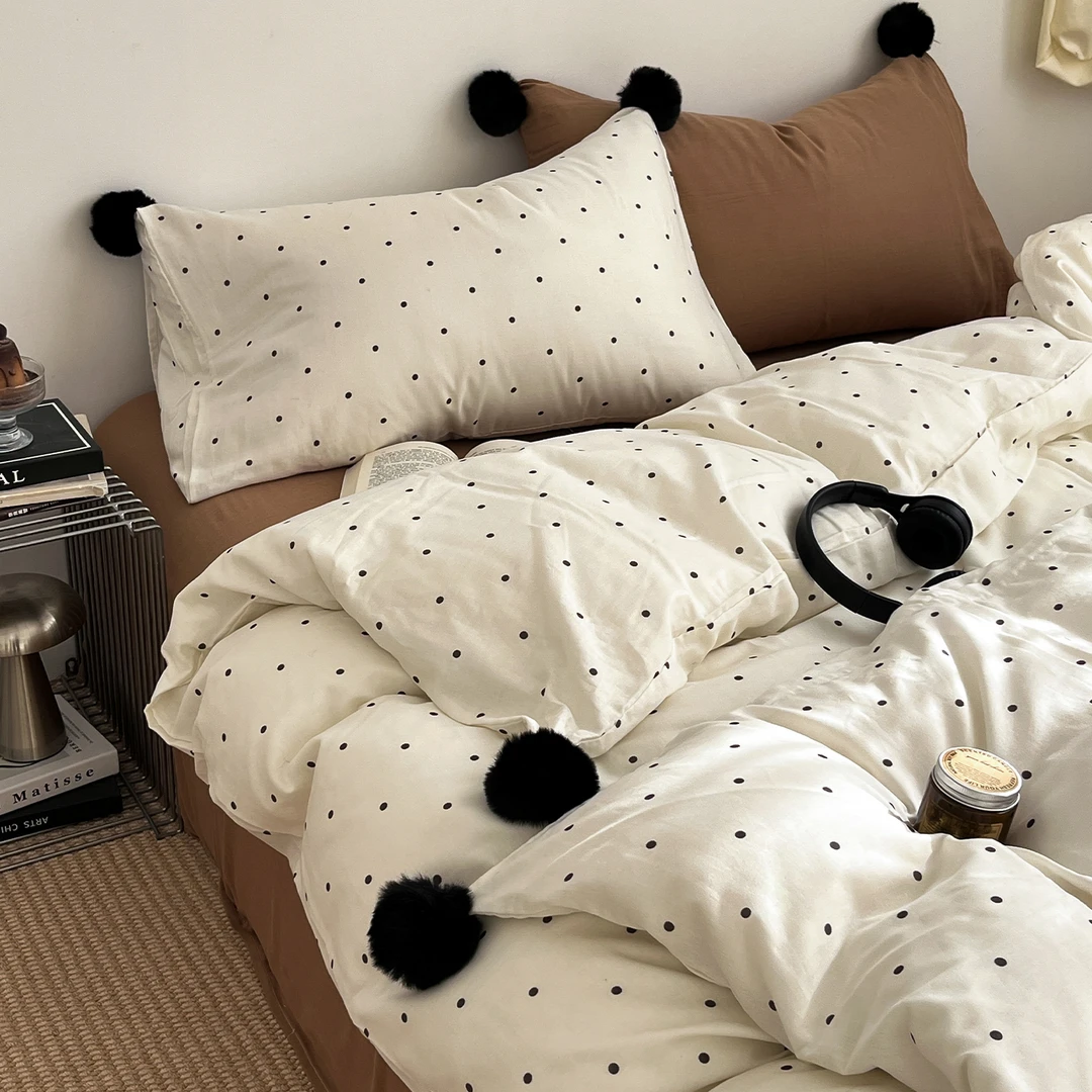 ins博主风波点全棉双层纱床上四件套毛球被套罩床单纯棉四季床品