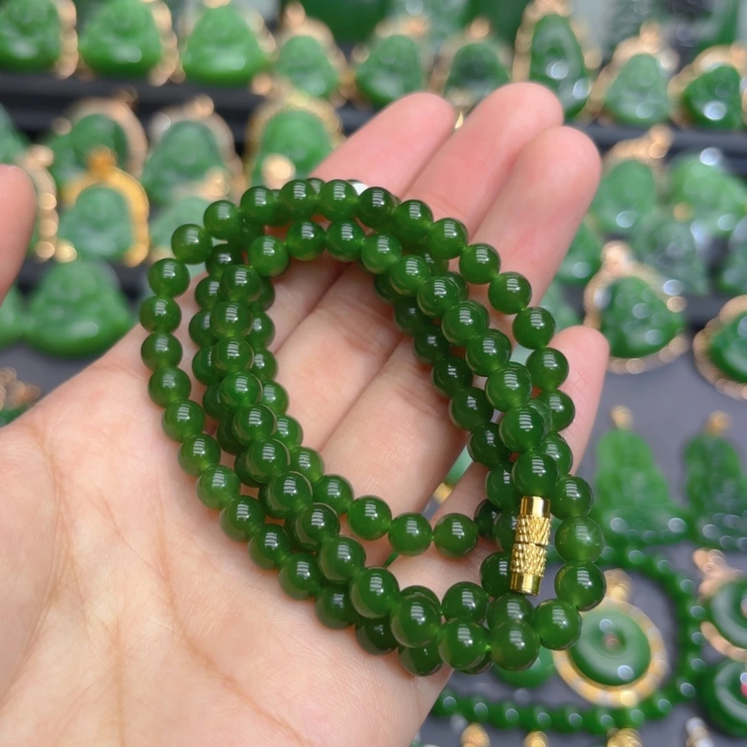 颈饰未镶嵌和田玉（碧玉）卡六阳绿多圈