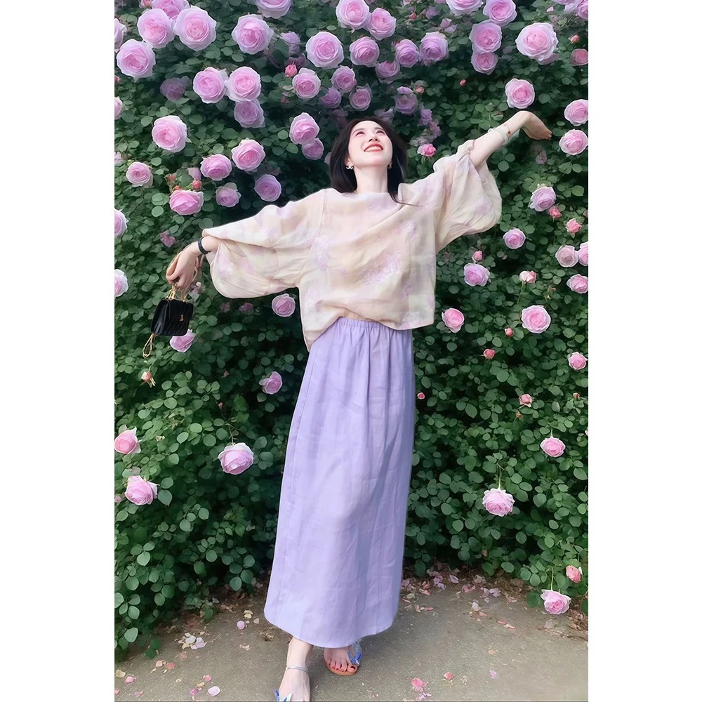 超好看紫色半身裙女夏季新款胖mm显瘦遮肚中长款高腰a字半裙法式